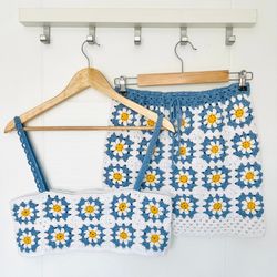 Daisy Crochet Set, Floral Crochet Crop Top and Skirt, Crochet Daisy Set, Sunflower Set, Retro Floral Clothing Set