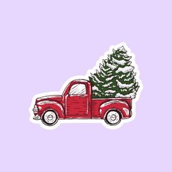 rustic red truck with christmas tree sticker, merry christmas stickers, holiday red truck