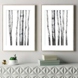 Aspen Trees Art Prints Set of 2 Birches Watercolor Painting Trees Wall Art Black and White Minimalist Wall Decor