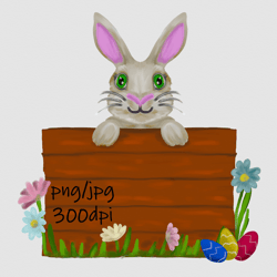 Digital download / Hand drawn, cute, Easter rabbit and wooden sign