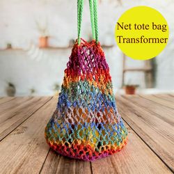 Handmade Rainbow Reusable Net Tote Bag transformer Crochet Eco Friendly Mesh Shopping Bag String Grocery Market Bag