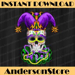 cool mardi gras skull jester hat masked beads mardi gras festival, louisiana party, happy mardi gras png
