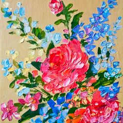 painting with flowers, original flowers in oil on cardboard, wall art with flowers, impressionism art, bouquet