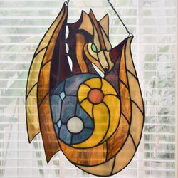 stained glass dragon suncatcher, sun and moon yin yang glass panel, window hanging ornament decor, unique gift