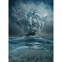 Seascape Oil Painting Sailing Ship 19,7x27,5in