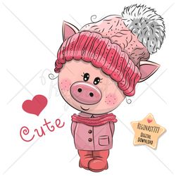 Cute Cartoon Pig PNG clipart, Knitted, Hat, Sublimation Design, Winter, Digital clip art