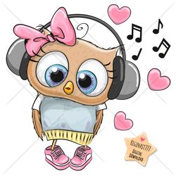 Cute Cartoon Owl PNG, clipart, Sublimation Design, Cool, Print, clip art, Headphones, Music, Pink