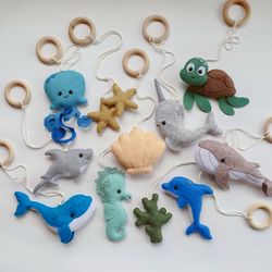 Sea baby play gym, wooden baby gym with toys, Infant activity center, ocean animals, baby shower gift, whale mobile