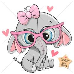 Cute Cartoon Elephant PNG, clipart, Sublimation Design, Children printable, Glasses, Girl, art
