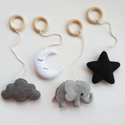 Elephant hanging baby gym toys, play gym felt toys, elephant decor, animal activity gym toy, monochrome toy, nursery