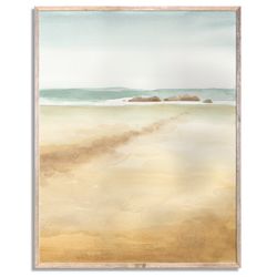 beach painting coastal landscape watercolor painting minimalist seascape wall art beige and green blue wall decor