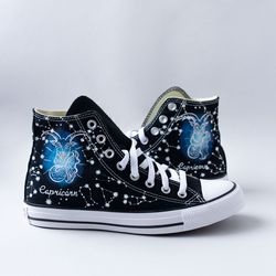 Capricorn Converse, High Top black sneakers with Zodiac Sign, Custom Hand Painted Astrology shoes