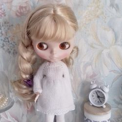 Dress for Blythe, knitted dress for dolls from the Angora, beautiful knitted dress for Blythe, clothes for dolls White