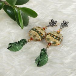 Green Leaf Earrings Beige Green Lampwork Murano Glass Earrings Dangle Drop Large Long Statement Earrings Jewelry 7097