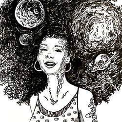 Space Girl Painting Hand Painted Original Art Ink Feminine Portrait Artwork