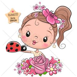 cute cartoon girl png, clipart, sublimation design, children printable, flowers, art