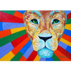 lion painting abstract original art animal rainbow wall art impasto painting on canvas colorful 16" x 24" by colibri art