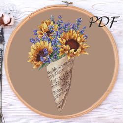 Cross stitch pattern Lavender and sunflowers in music paper cross stitch design for embroidery pdf