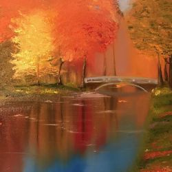 Landscape oil on canvas Autumn park painting Pond Artwork Autumn oil painting