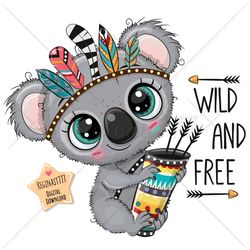 Cute Cartoon Koala PNG clipart, Wild, Tribal, Sublimation Design, Digital clip art