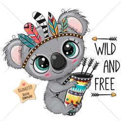 cute cartoon koala png clipart, wild, tribal, sublimation design, digital clip art