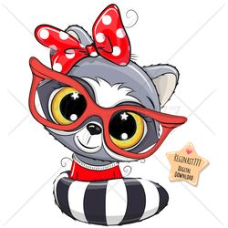 Cute Cartoon Raccoon PNG, clipart, Sublimation Design, Children printable, Glasses, Girl, Bow, Cool, art