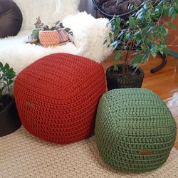 Crocheted Square pouf ottoman custom Nursery rectangular pouf chair Filled poufs cube shape handmade