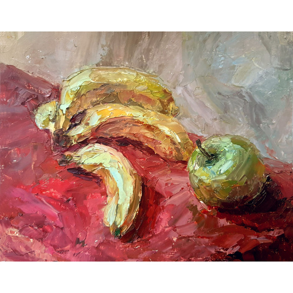 Bananas and Apple Oil painting for kitchen or dining room decor.