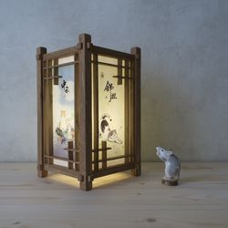 Kumiko Oak Lamp with Cute Cats Japanese Style