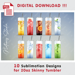 10 Realistic Ice Drinks Templates - Seamless Sublimation Patterns - 20oz SKINNY TUMBLER - Full Tumbler Wrap