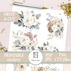 Botanical Die Cuts Printable, Flower Sticker Sheet for Planner, Floral Scrapbook Kit, Gardening Journal, Wedding Decal
