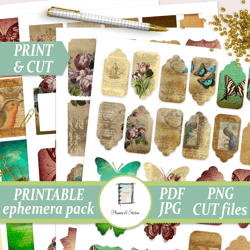 Vintage Botanical Junk Journal Printable Ephemera Pack, Scrapbooking Elements, Fussy Cut Collage, Die Cut, Crafting
