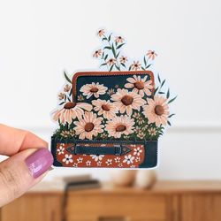 flower suitcase vinyl sticker- daisy retro luggage glossy die cut sticker- vintage travel stickers