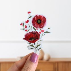 red poppies floral vinyl sticker- die cut glossy sticker- flower poppy stickers- botanical laptop decal