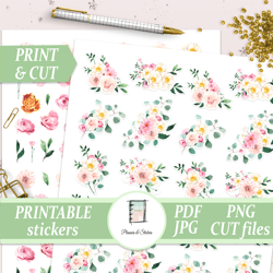 Planner Flower Stickers Printable, Floral Erin Condren Weekly Kit, Watercolor Happy Planner Classic, Filofax, Hobonichi