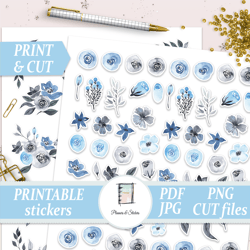 Printable Blue Floral Sticker Pack for Erin Condren, Happy Planner, Hobohichi, Filofax Watercolor Flower Die Cuts Small