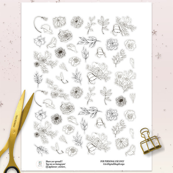 Black and White Line Floral Sticker Kit, Small size stickers - Inspire  Uplift