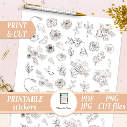 Black and White Line Floral Sticker Kit, Small size stickers for Erin Condren, Happy Planner, Bullet Journal, Hobonichi