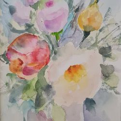 bouquet flowers original painting  flowers vase watercolor floral artwork home decor