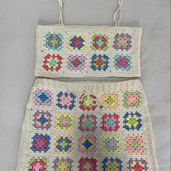 granny square crochet crop top and skirt, granny square crochet set, sunflower set, crochet patchwork set