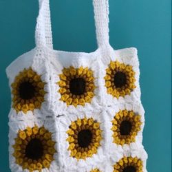Sunflowers Crochet Bag, Crochet Granny Square Bag, Summer Bag Tote, Handbag , Crochet Patchwork Bag