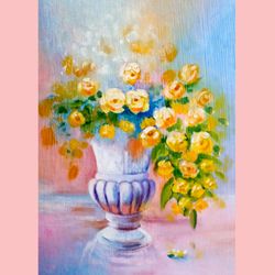 Floral Garden Painting Gentle mood Roses Flowers Original Oil on cardboard Wall art with floral landscape Oil painting