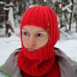 Knit balaclava, Ski mask, Wool balaclava hat, Full face mask for women and men, Red balaclava