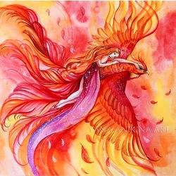 Phoenix Painting Phoenix And Woman Art Original Girl And Phoenix Watercolor Firebird Artwork Handmade. MADE TO ORDER