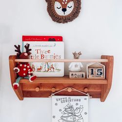 Nursery Book Shelves with Hooks, Baby Room Decor, Childs Shelf, Kids Bookshelf, Wood Bookcase, Gift for Kids