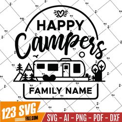 Happy Campers svg, Travel Trailer Camping svg, Toy Hauler RV Family Name Design, Camp Flag Sign Graphic, Camp Bucket png