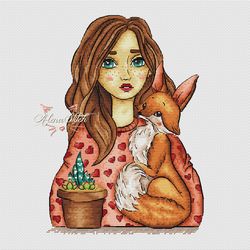 Girl with a fox. Cross stitch pattern pdf & css