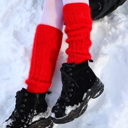 Wool leg warmers, Yoga socks, Red leg warmers, Hand knitted flip flop socks, Unique gift for her