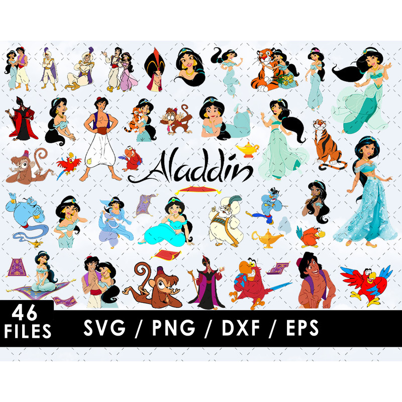 Aladdin SVG, Jasmine SVG, Genie SVG, Jafar SVG, Abu SVG, Magic carpet SVG, Sultan SVG, Iago SVG, Rajah SVG, Aladdin characters SVG, Disney movie SVG, Kids' room