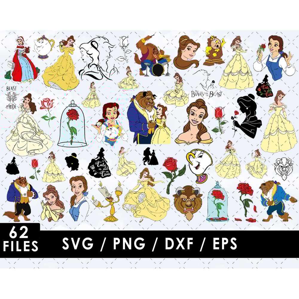 Belle SVG, Beast SVG, Lumière SVG, Cogsworth SVG, Mrs. Potts SVG, Chip SVG, Gaston SVG, Beauty and the Beast characters SVG, Disney movie SVG, Kids' room decor